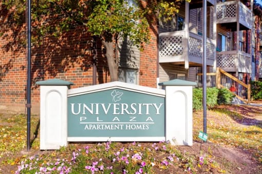 Outdoor picture of sign for University Plaza Apartment Homes
