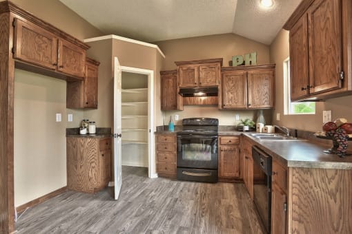 a kitchen with wooden cabinets and a stove and a sink