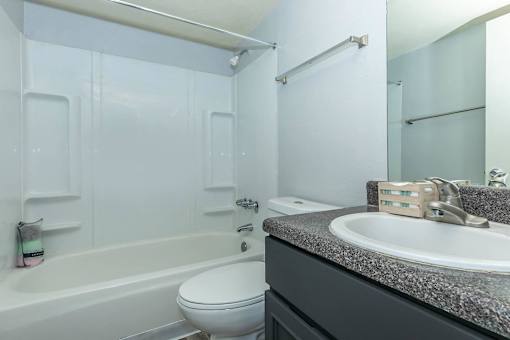 A white toilet sits next to a bathtub in a bathroom.