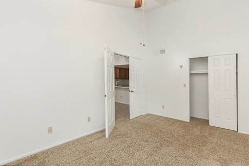 A room with a carpeted floor and two white doors.