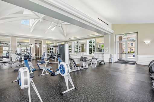 A gym with a variety of exercise equipment including treadmills, stationary bikes, and weight machines.