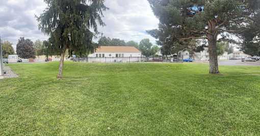 A grassy field with two trees and a building in the background.
