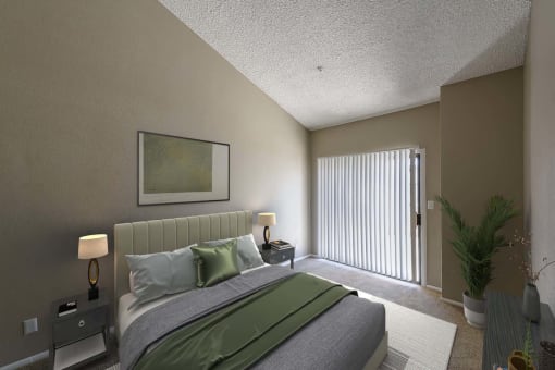 a bedroom with a bed and a window with blinds