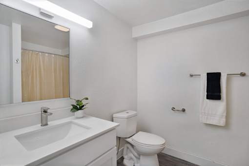 A white bathroom with a toilet, sink, and mirror.
