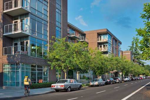A street view of a residential area with cars parked on the side of the road and a cyclist riding down the street.