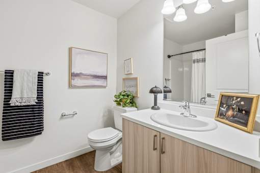 A bathroom with a toilet, sink, and mirror.