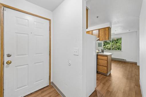 A white door with a gold handle is on the left of a room with a wooden floor.