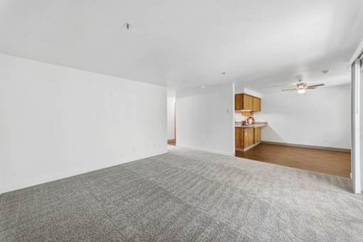 A room with a grey carpet and a ceiling fan.