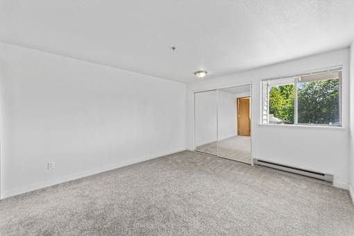 A white room with a carpeted floor and a window.