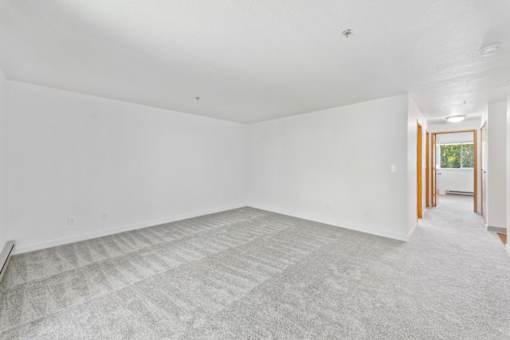 A room with a carpeted floor and white walls.