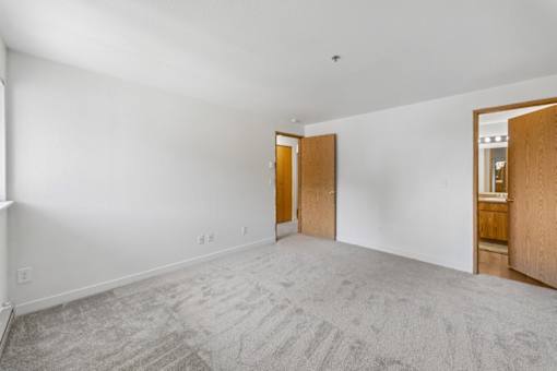 A room with a carpeted floor and two wooden doors.