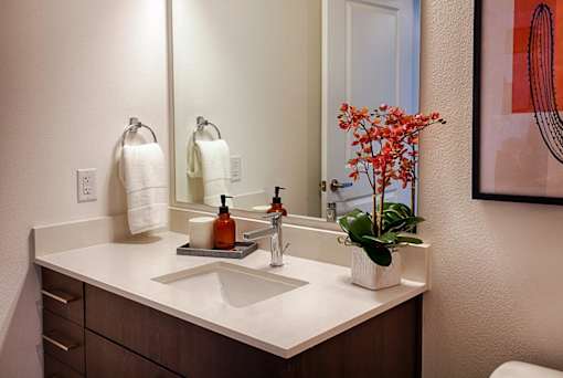 A bathroom with a white sink and a mirror.