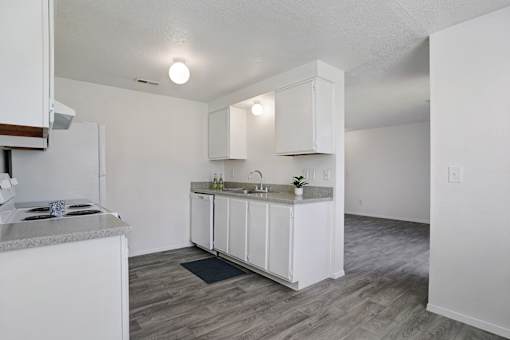 A kitchen with white cabinets and a granite countertop.