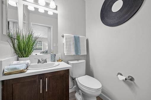 A bathroom with a white toilet, a sink, and a mirror.