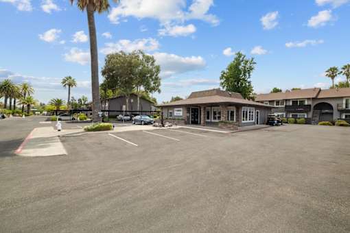 A parking lot with a building and palm trees in the background.