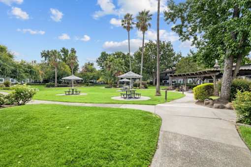 A park with a walking path, benches, and trees.