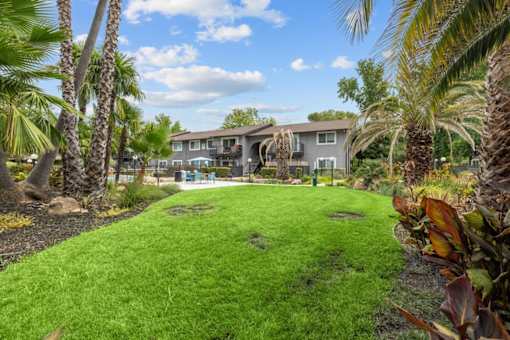 A house with a green lawn and palm trees in front.