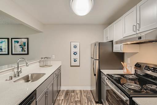 A modern kitchen with a stove, refrigerator, and sink.