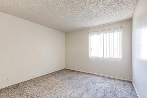 A room with a window and carpeted floor.