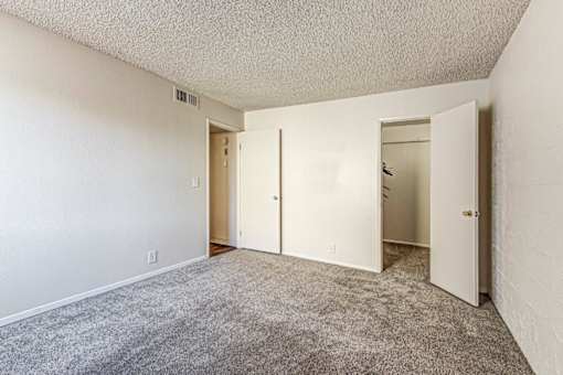 A room with carpeted floor and white walls with three doors.