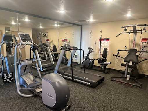 A gym with a variety of exercise equipment including treadmills, stationary bikes, and elliptical machines.