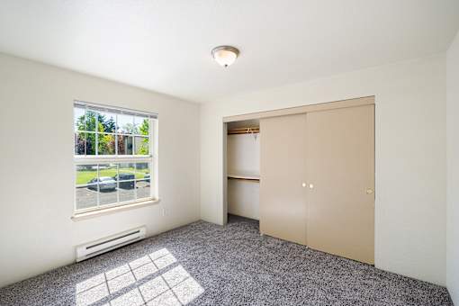 A room with a window, a carpeted floor, and a closet.