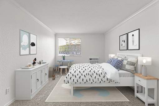A bedroom with a bed, nightstand, and a cabinet.