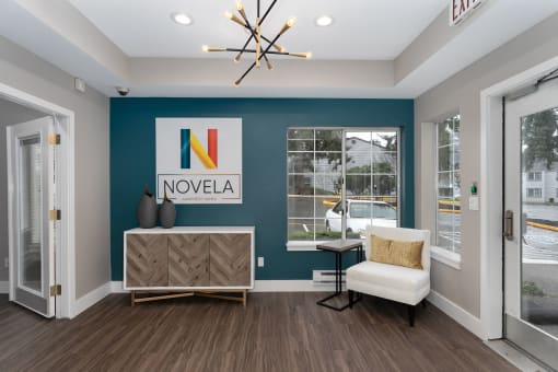 Novela Apartments Interior Front Entrance with Novela Sign