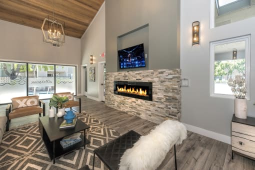 The Alexandar Apartments Clubhouse Seating and Fireplace