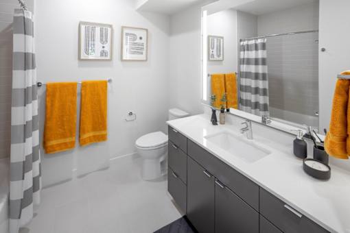 A bathroom with a white sink and toilet, a grey cabinet, and a mirror.