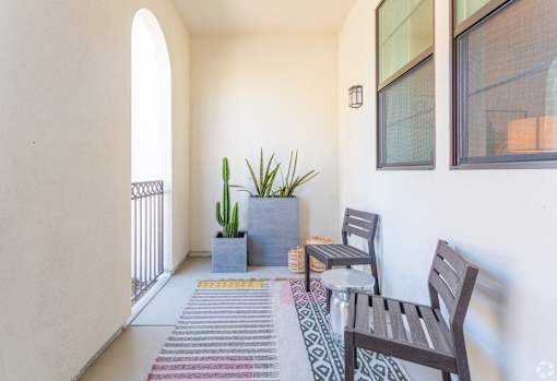A balcony with a cactus, two chairs, and a table.