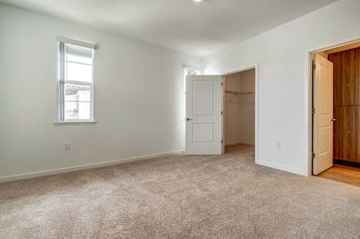 A room with a carpeted floor, a window, and a door.