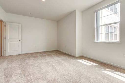 A room with a carpeted floor and a window letting in sunlight.