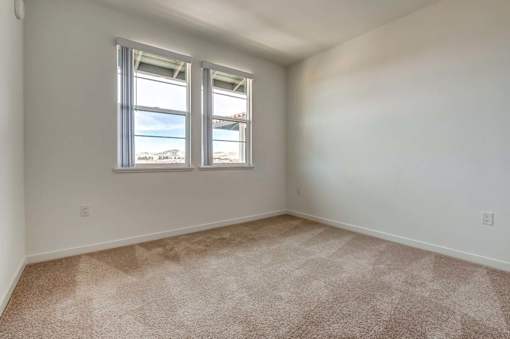 A room with two windows and carpeted floor.