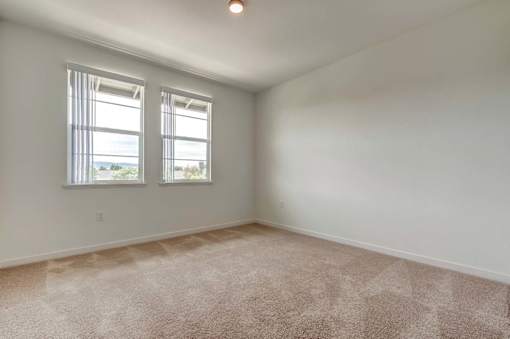 A room with a carpeted floor and two windows.