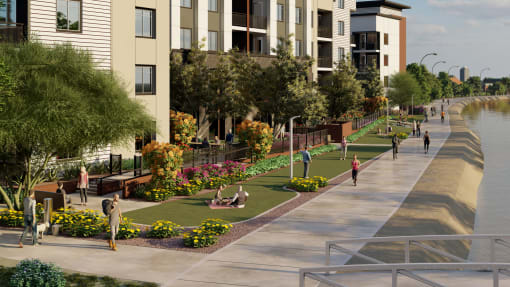 a rendering of a park with a river and buildings