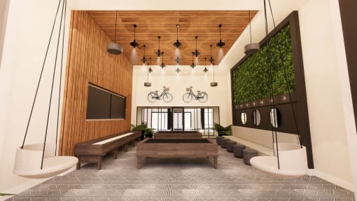 a rendering of a lobby with benches and a television