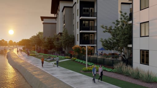 a rendering of people walking on a sidewalk next to a river