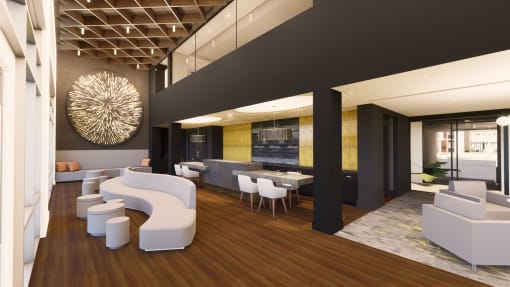 a rendering of a living room with white furniture and a dining room