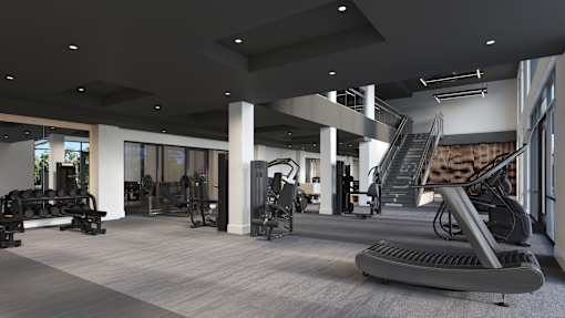A gym with treadmills, weights, and exercise equipment.
