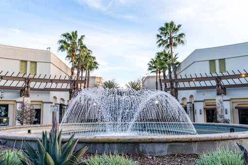 A fountain in the middle of a pool surrounded by palm trees.