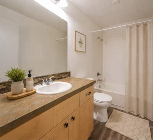 A bathroom with a sink, toilet, and shower.