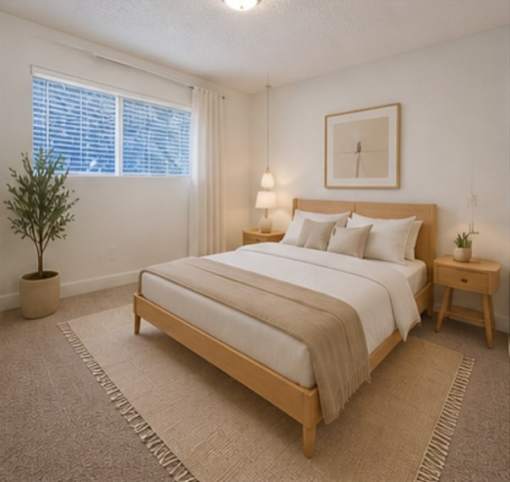A bedroom with a large bed, a small table, and a potted plant.