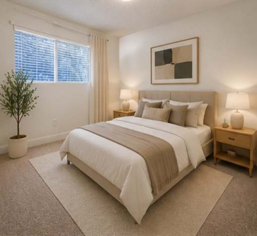 A bedroom with a large bed, two lamps, and a potted plant.