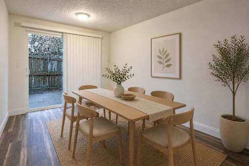 A dining room with a table and chairs.