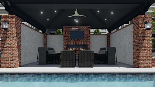a rendering of a patio with a fireplace and a pool