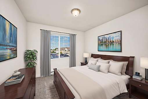 A bedroom with a large bed, a window with a view of a lake, and a painting on the wall.