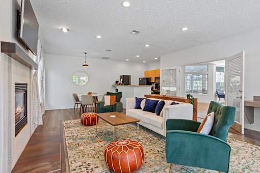 Cedar Crest Beaverton Oregon apartments resident lounge with couches and mini kitchen