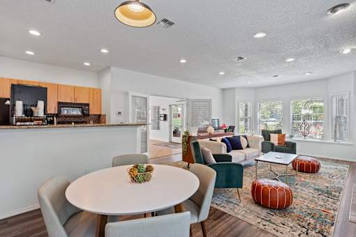 Cedar Crest Beaverton Oregon apartments resident lounge with couches and mini kitchen