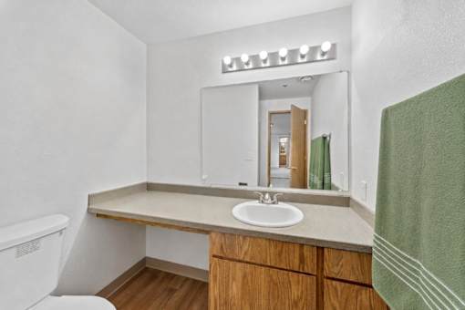 A bathroom with a white sink and a mirror above it.